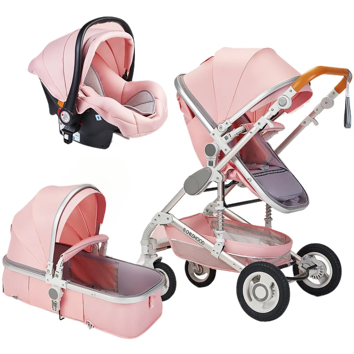 Multifunctional Baby Stroller with Car Seat, High-view Three-in-one Baby Stroller, Foldable, Two-way, Adjustable Armrests