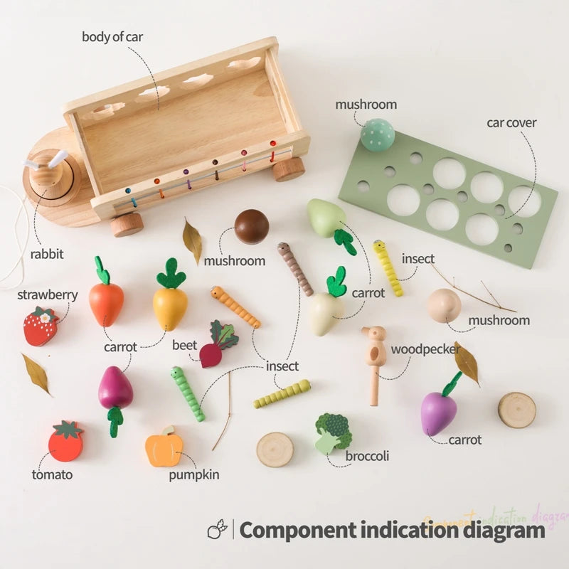 Montessori Wooden Baby Carrot Car Pulling Toy Stretch Rope Hand-Pulled Turnip Car Shape Matching Toy Parent-Child Education Toys