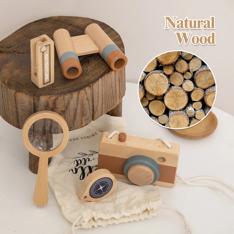 5pcs Outdoor Montessori Adventure Set Wooden Telescope Compass Toy For Children Wooden DIY Presents Nursing Gifts Outdoor Toys