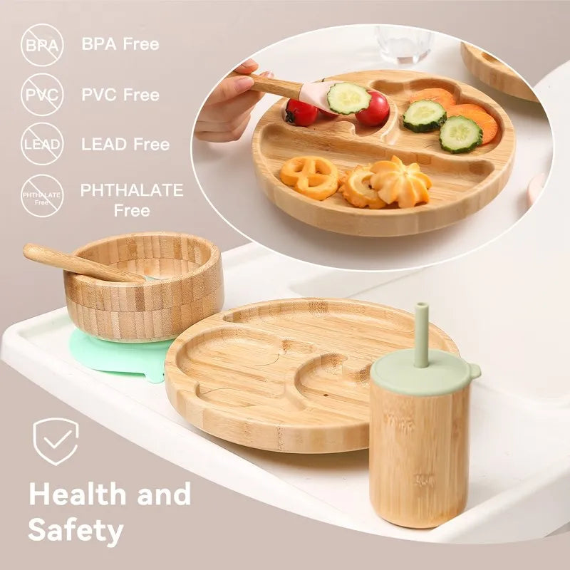 Wooden Dinner Plate Feeding Supplies Bamboo Baby Tableware Silicone Suction Plate Bowl BPA Free Baby Stuff Newborn Accessories