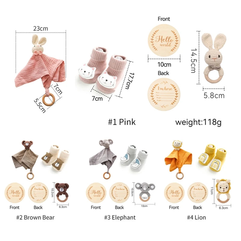 Baby Wooden Crochet Bunny Bracelet Rattle Cotton Blanket Bath Stuff Towel Brush Set Gifts Box Brushs Towel For Baby Shower Gift