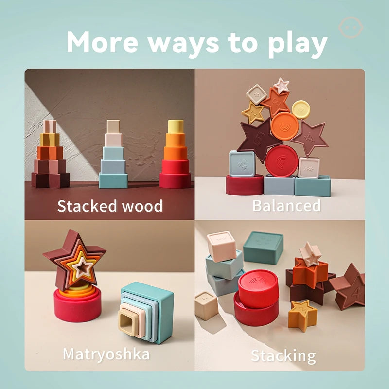 Baby Toy Soft Building Blocks Silicone Stacking Blocks Round Shape Silicone Construction Toy Rubber Teethers Montessori Toy Gift