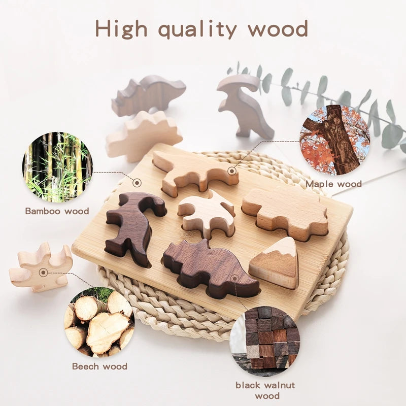 Montessori Wooden Puzzle Toy 3D Dinosaur Stacking Blocks Geometric Baby Educational Toys Learning Diverse Shape Building Blocks