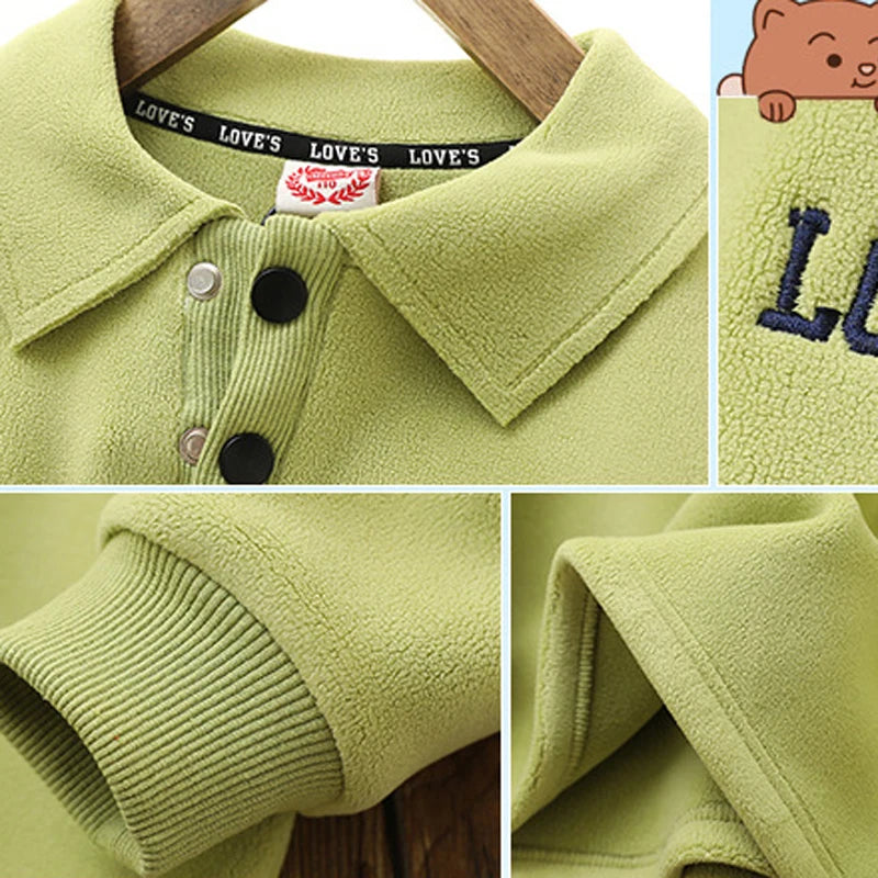 IYEAL 4-14 Years Children Autumn Winter Plus Velvet Pullover Tops Kid Boys Girls Polar Fleece Turndown Collar Sweatshirts