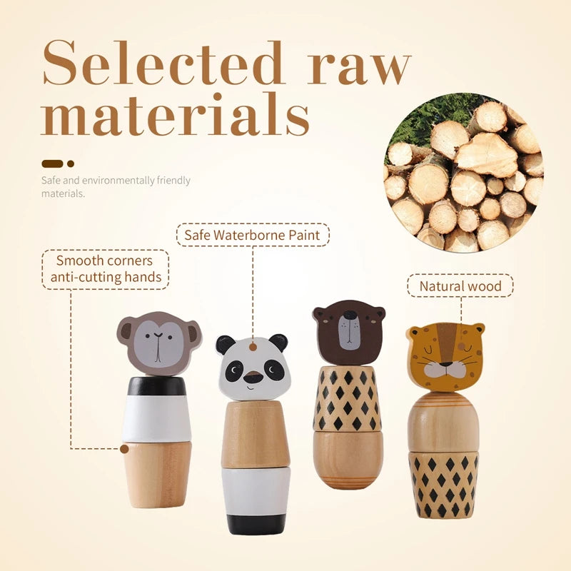 Wooden Montessori Toys Creative Cartoon Animal Bear Shaped Knob Screw Rattles Block Toys Kid Early Educational Puzzle Toys Gifts