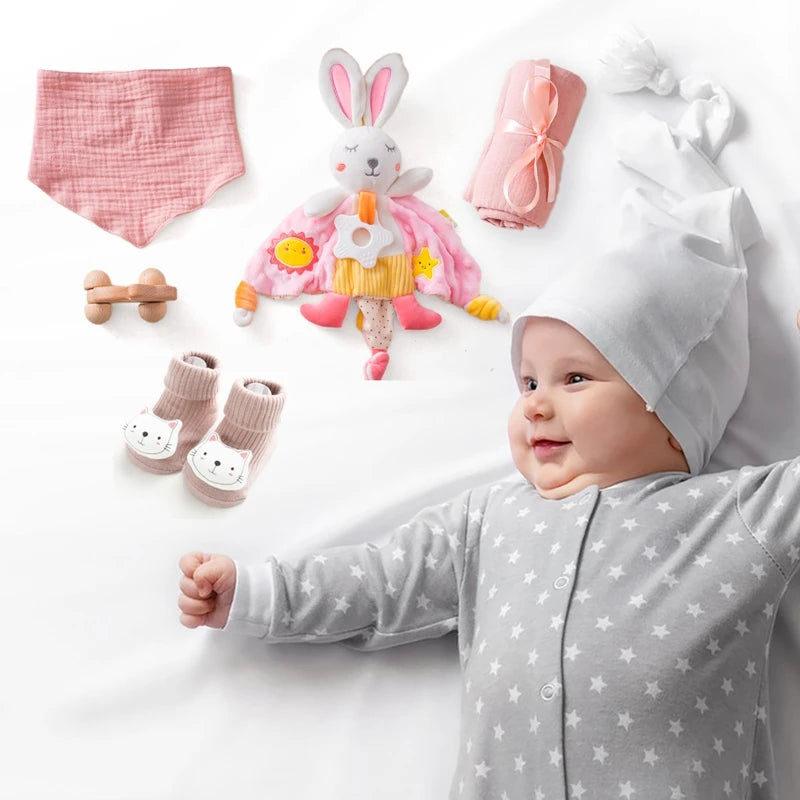 1set Baby Towel Bath Gift Box Set Double Sided Cotton Blanket Comfort Scarf Set Newborn Rabbit Rattle Toy Baby Birth Stuff Gifts