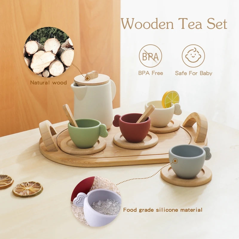 Kids Wooden Afternoon Tea Set Montessori Toy Children Playing House Kitchen Children Educational Learning Toys Blocks Baby Gifts
