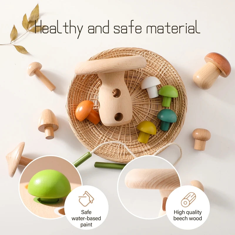 Montessori Wooden Lacing Toy for Kids DIY Mushroom 3D Threading Toys Fine Motor Skill Preschool Stringing Toys For Kid Baby Gift