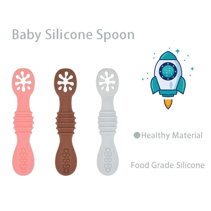 3Pcs Baby Safe Silicone Suction Dining Plate Learning Spoons Set Feeding Toddler Training Tableware Retro Kids Smile Face Plate