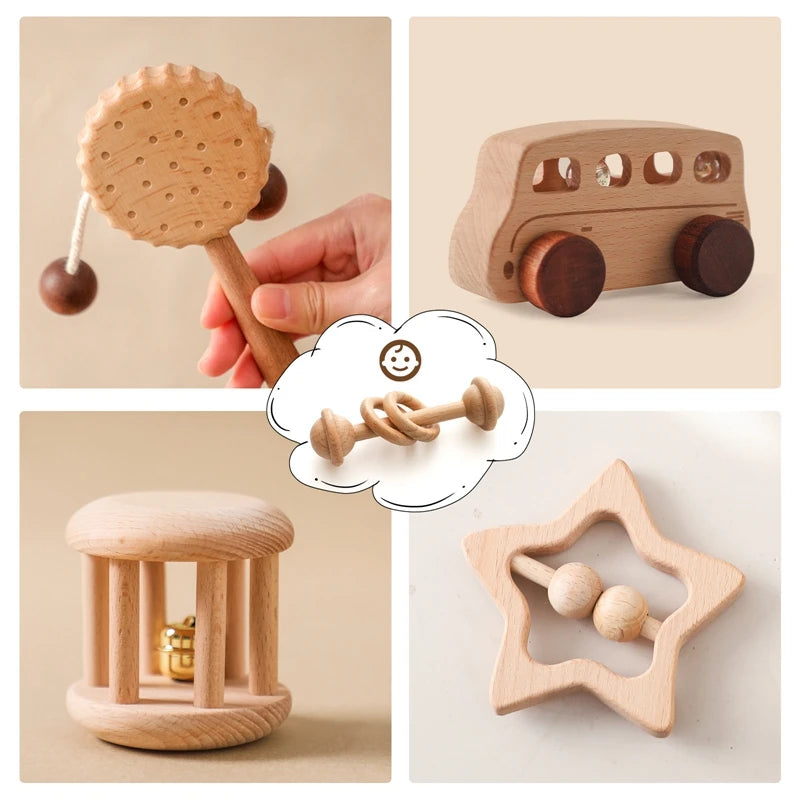 Baby Wooden Rattle Toys Beech Blocks Cartoon Car Rattle Toy Kid Hand Bell Educational Montessori Teething Play Gym Baby Toy Gift