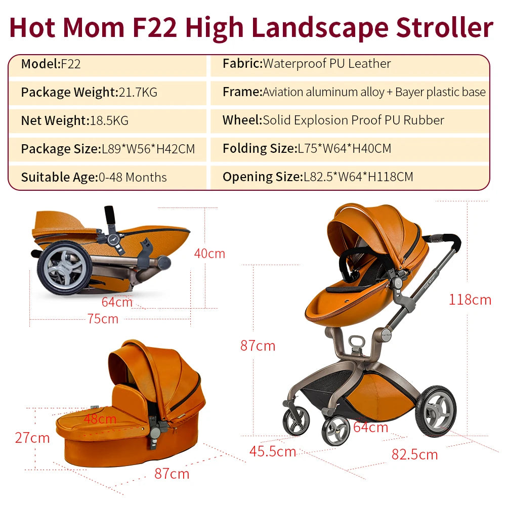 Hot Mom 2 in 1 Baby Pushchair, Baby Stroller,High Landscape Brown Stroller For Newborn Baby,Multiple Accessories,Model F22