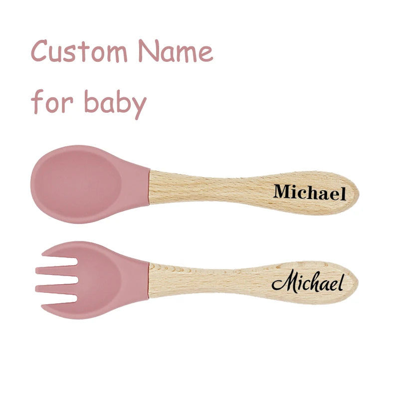 Custom Name Personalized Baby Bamboo Fork Silicone Wooden Feeding Spoon Toddlers Infant Feeding Accessories Organic BPA Free