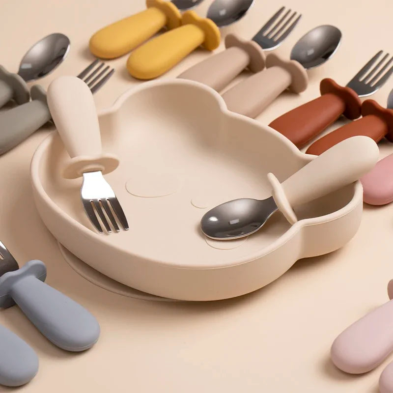 2pcs/Set Baby Tableware Children Utensil Stainless Steel Food Feeding Spoon Fork Set Infant Toddler Silicone Dinnerware Cutlery