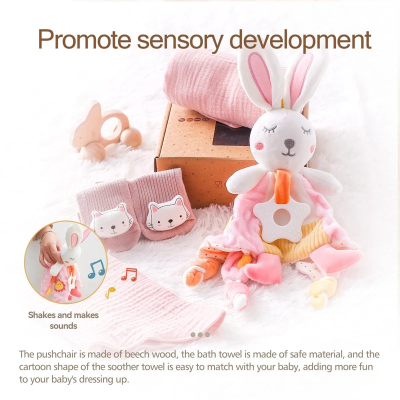 1set Baby Towel Bath Gift Box Set Double Sided Cotton Blanket Comfort Scarf Set Newborn Rabbit Rattle Toy Baby Birth Stuff Gifts