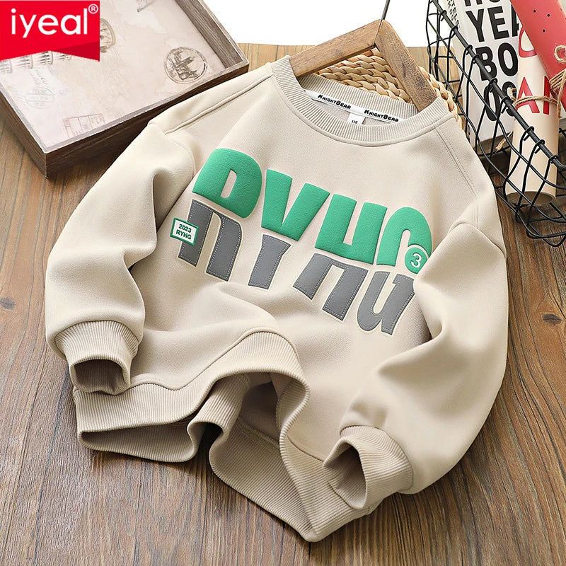 IYEAL Children's Sweatshirt 2023 Autumn/Winter New Boys Girls' Fleece Sweatshirt Children's Long Sleeve Letter Round Neck Top