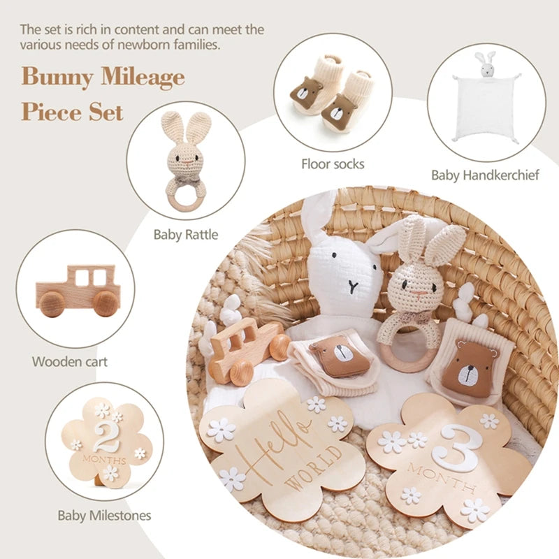 Baby Cotton Blanket Bath Stuff Towel Brush Set Gifts Box Wooden Crochet Bunny Rattle Brushs Bracelet Towel For Baby Shower Gift