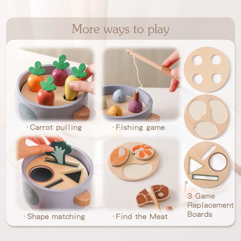 Montessori Toy Wooden Pluck Carrots Shape Paired Multifunctional Pot Toy Children Puzzle Play House Fishing Stir Frying Toy Gift