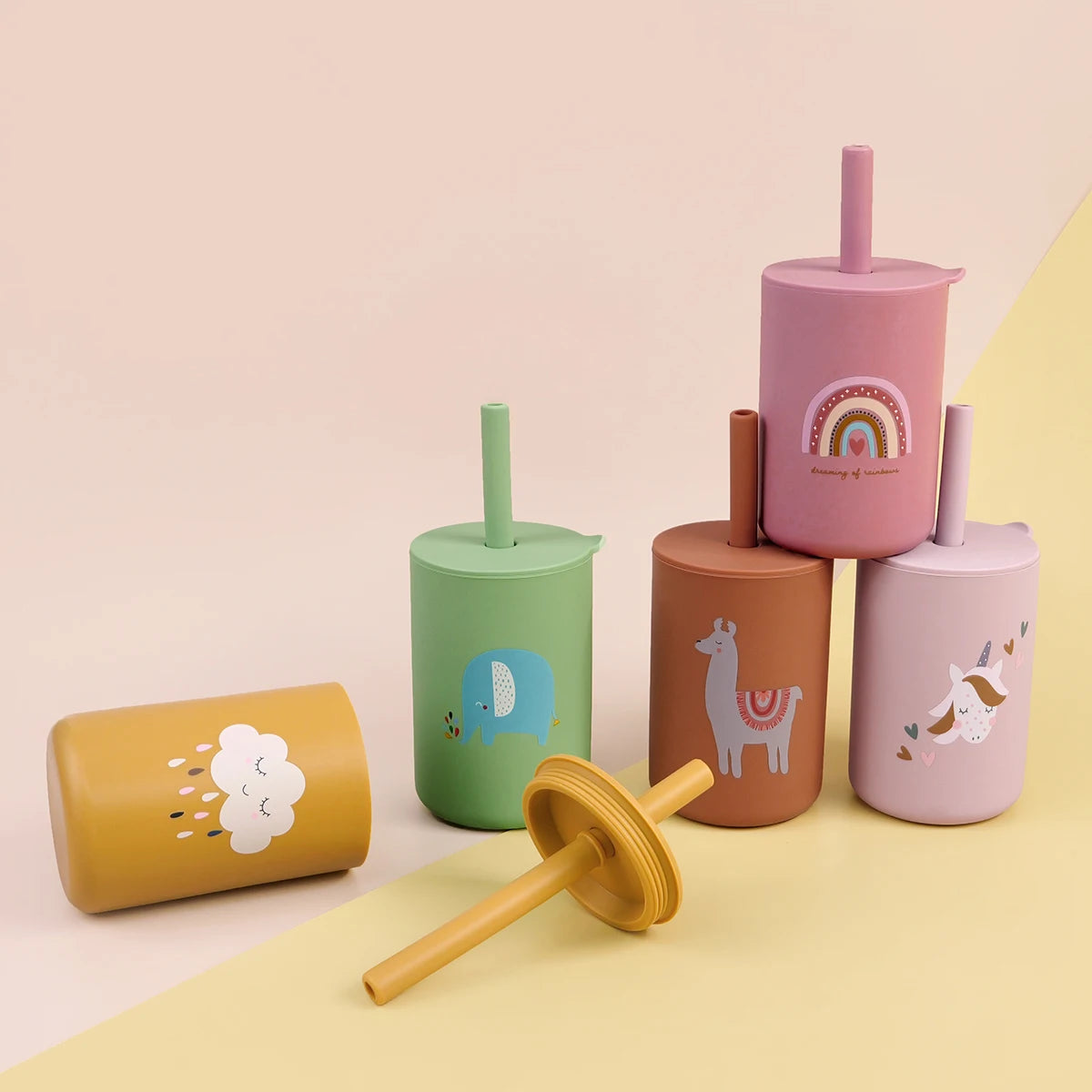TYRY.HU 1Pc Baby Feeding Straw Cup Baby Cartoon Learning Feeding Cup Food Grade Silicone Toddler Water Bottle Tableware BPA Free