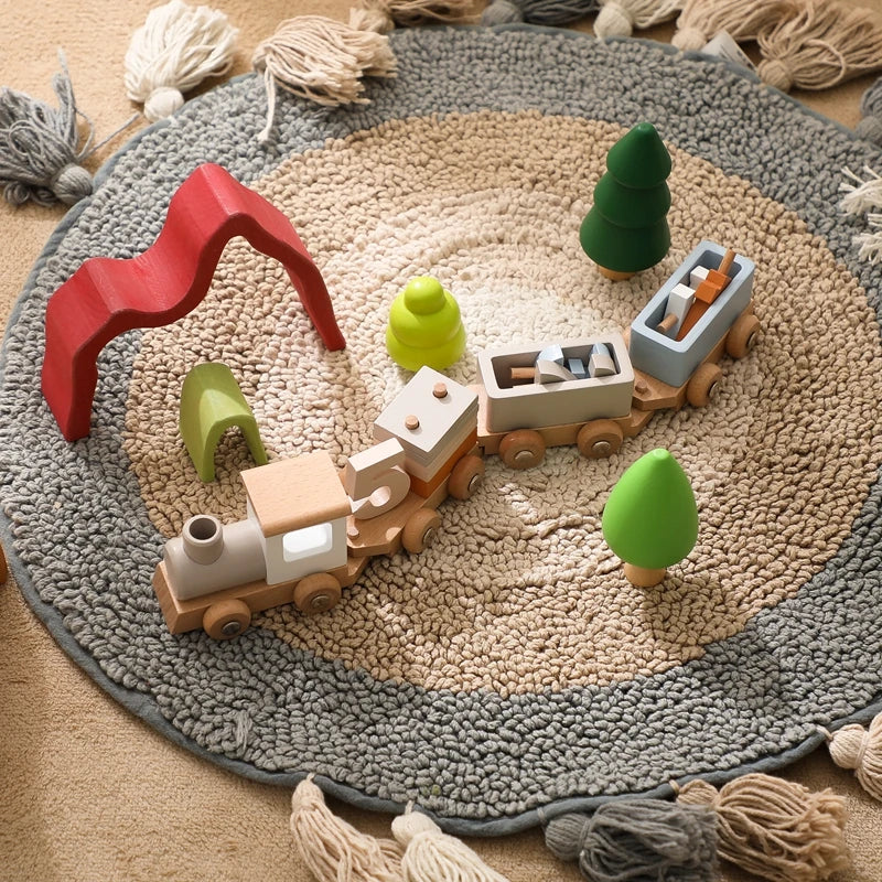 Baby Montessori Wooden Birthday Train Toy Simulated Train Toy Model Educational Toys Wooden Trolley Baby Learning Kid Toys Gifts