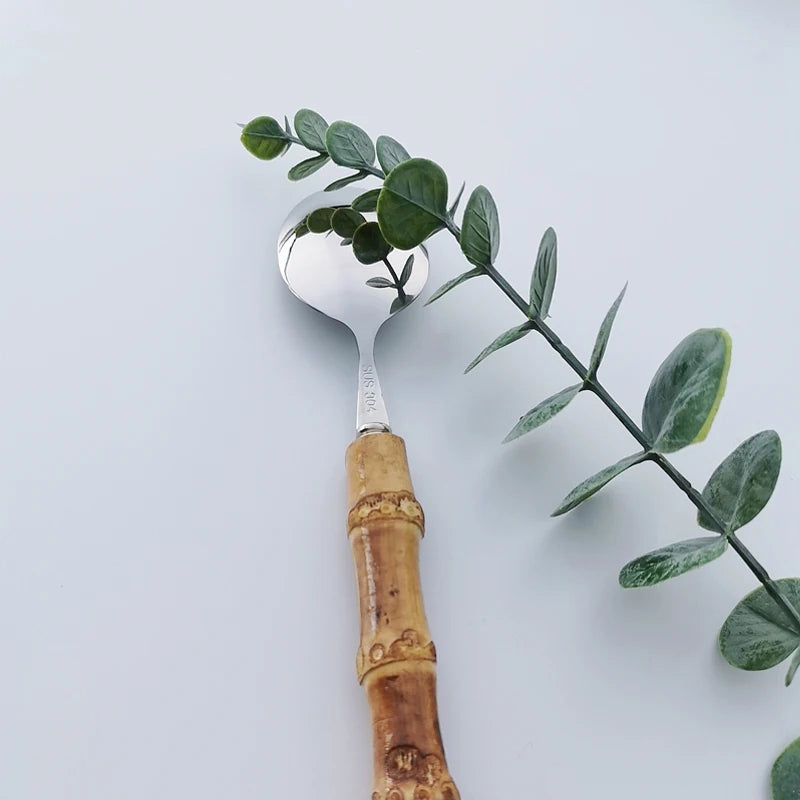 16/24/32Pcs Dinnerware Sets Original Nature Bamboo Handle Stainless Steel Cutlery Fork Spoon Home Kitchen Tableware Cutleri