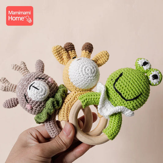 1Pc Baby Rattle Crochet Animal Baby Teether Wooden Ring Handmade Toy BPA Free Wood Teething Bracelet Nurse Gift Baby Product Toy