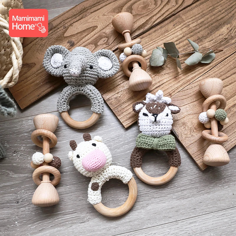 1set/2Pc Baby Wooden Teether Music Rattle Toy Rodent Animal Elephant BPA Free Wood Teething Ring Montessori Toy Children's Goods