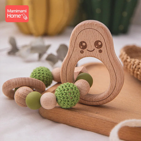 1pc Baby Teether Wooden Avocado Beads Rattle Nursing Bracelet BPA Free Crochet Teething Beads Baby Beech Rattles Nurse Gift Toys