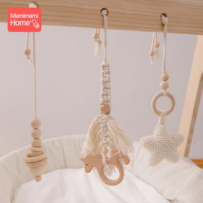 1set Baby Play Gym Wood Bed Bell Clouds Crochet Star Pendant Teething Nursing Stroller Hanging Play Gym 0-12 Months Baby Rattle