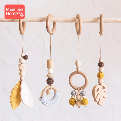 4pc/set Baby Wooden Pendant Play Gym Toys BPA Free Wooden Teether Rodent Animal Interactive Stroller Hanging Bed Bell Nurse Gift