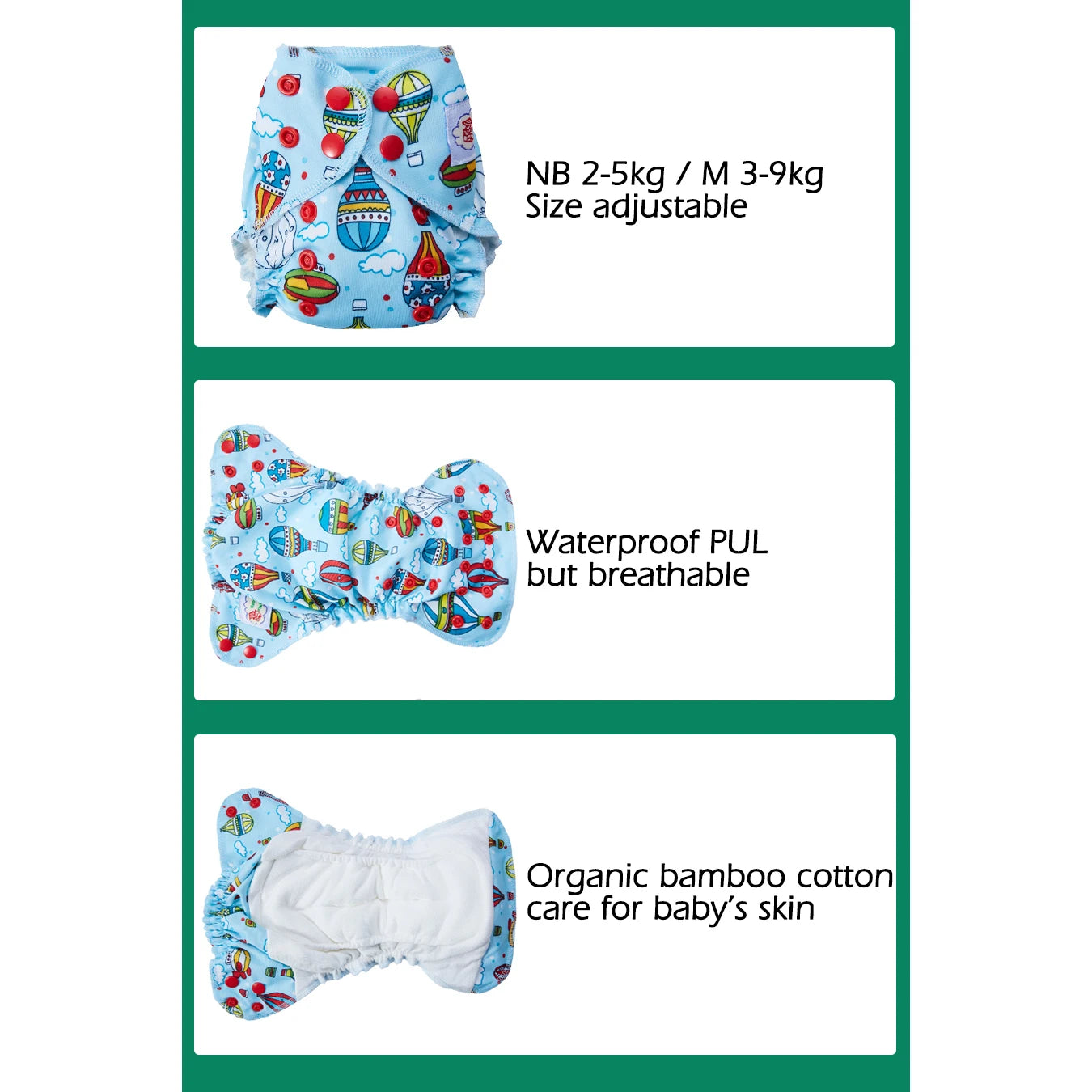 Happy Flute AIO Newborn Reusable Baby Cotton Cloth Diapers All in One NB / M Ecological Nappies Double Gussets  Fit 3-5KG Baby
