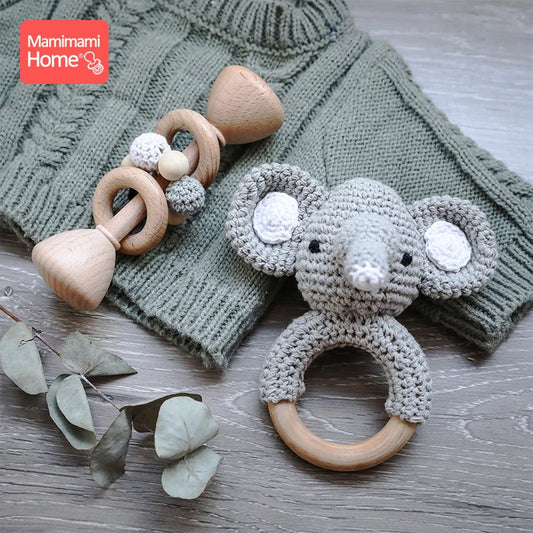 1set/2Pc Baby Wooden Teether Music Rattle Toy Rodent Animal Elephant BPA Free Wood Teething Ring Montessori Toy Children's Goods