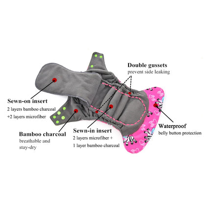Happy Flute Overnight AIO Cloth Diaper Night Use Heavy Wetter Baby Diapers Bamboo Charcoal Double Gussets Fit 5-15kg