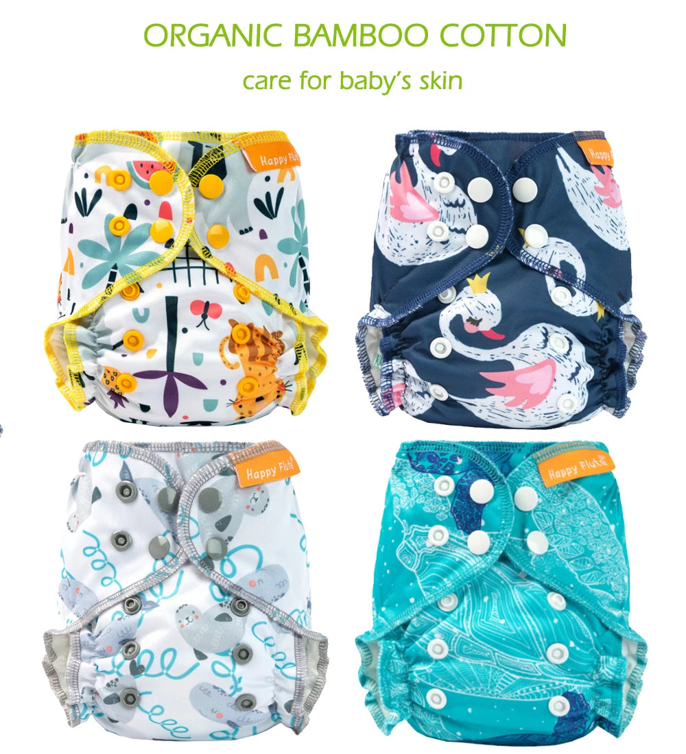 Happy Flute AIO Newborn Reusable Baby Cotton Cloth Diapers All in One NB / M Ecological Nappies Double Gussets  Fit 3-5KG Baby