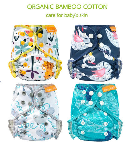 Happy Flute AIO Newborn Reusable Baby Cotton Cloth Diapers All in One NB / M Ecological Nappies Double Gussets  Fit 3-5KG Baby