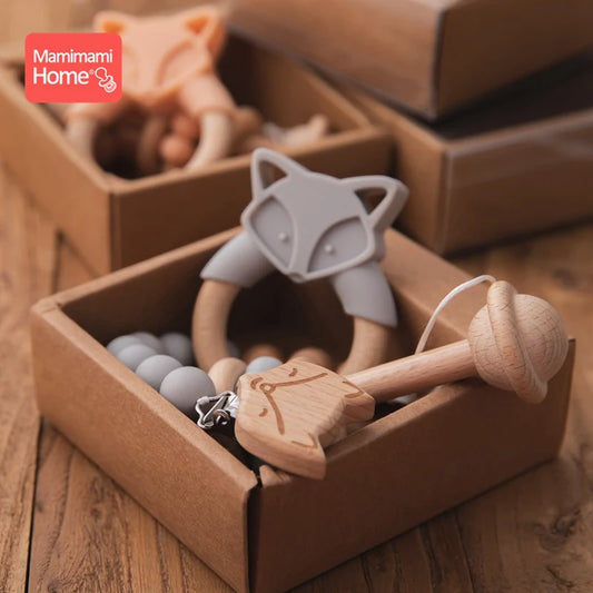 3pcs/set Baby Pacifier Chain Set  Music Rattle Dummy Soother Wooden Clip Holder Silicone Beads Baby Rattles Montessori Toy Kids