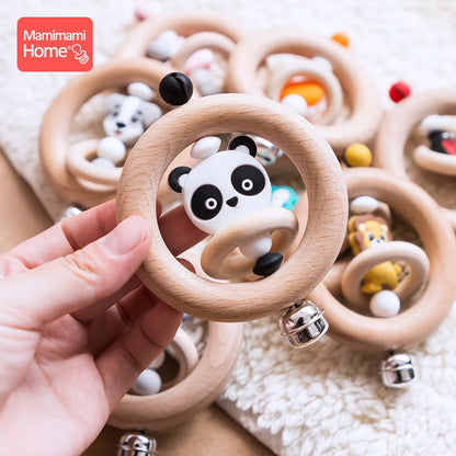 Mamihome 1pc Baby Wooden Teether Animal Rattle Bell Lion King Toys Beech Rings Food Grade Silicone Rodent Beads Children'S Goods