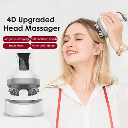 4D Magnetic Rechargeable Head Massager High-power Wireless Electric Scalp IPX7 Waterproof Positive Negative Knead Promote Growth