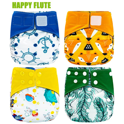 Happy Flute Overnight AIO Cloth Diaper Night Use Heavy Wetter Baby Diapers Bamboo Charcoal Double Gussets Fit 5-15kg