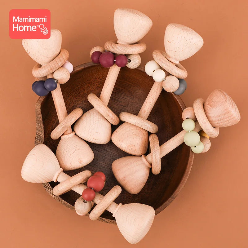 1pc Baby Teether Wooden Music Rattle BPA Free Wooden Gym Ring Rodent Silicone Beads Newborn Educational Montessori Toys For Kids