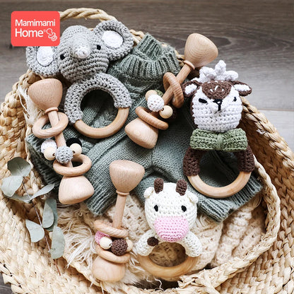 1set/2Pc Baby Wooden Teether Music Rattle Toy Rodent Animal Elephant BPA Free Wood Teething Ring Montessori Toy Children's Goods