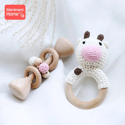 1set/2Pc Baby Wooden Teether Music Rattle Toy Rodent Animal Elephant BPA Free Wood Teething Ring Montessori Toy Children's Goods