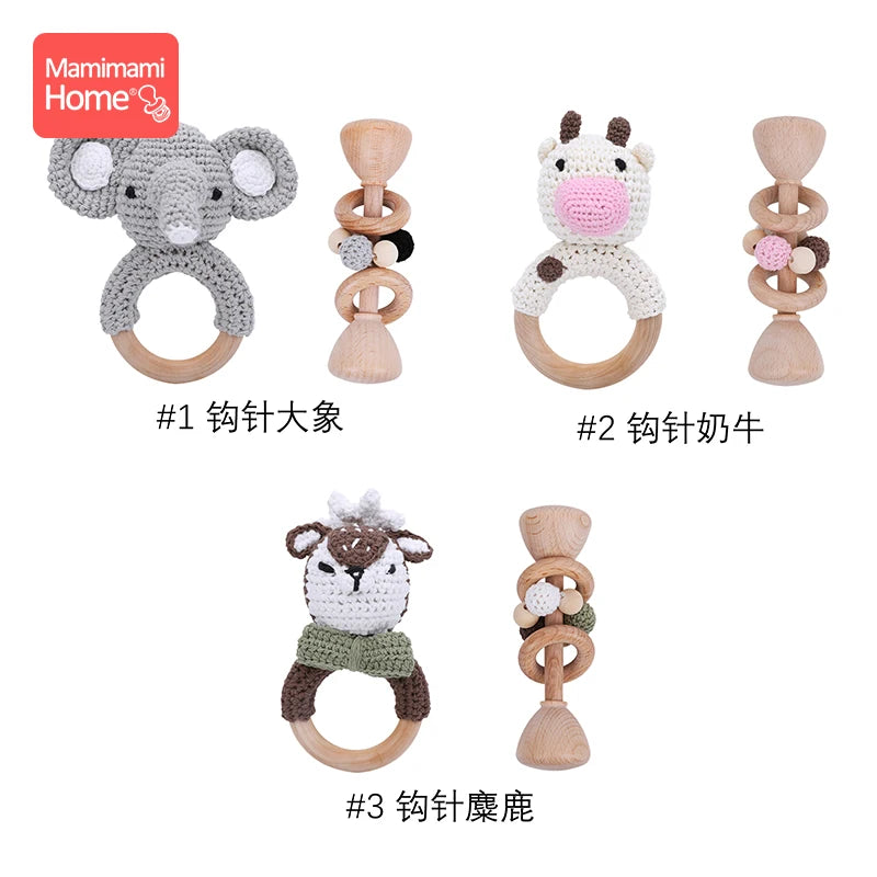 1set/2Pc Baby Wooden Teether Music Rattle Toy Rodent Animal Elephant BPA Free Wood Teething Ring Montessori Toy Children's Goods