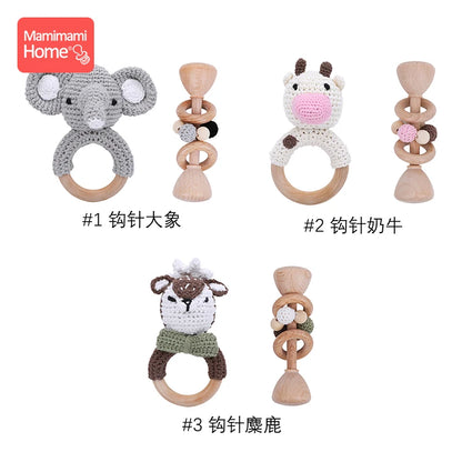 1set/2Pc Baby Wooden Teether Music Rattle Toy Rodent Animal Elephant BPA Free Wood Teething Ring Montessori Toy Children's Goods