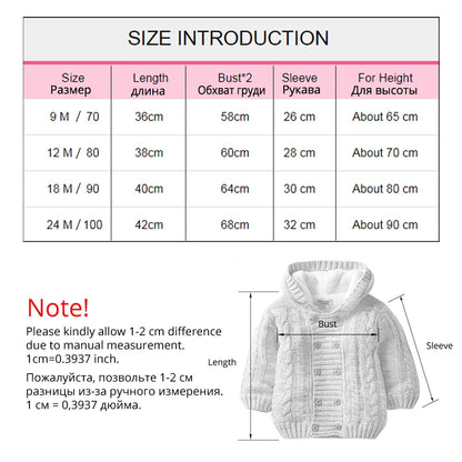 IYEAL Baby Boys Hooded Cardigan Jacket Long Sleeve Fleece Lined Knitted Sweater Kids Toddler Girls Winter Warm Outerwear 0-2 Y