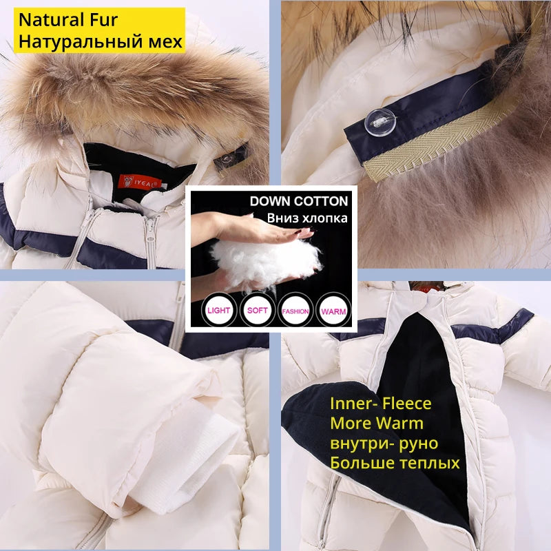 IYEAL Infant Boys Girl Snowsuit Outwear Newest Winter Children Baby Clothes Hooded Natural Fur Thicken Warm Rompers