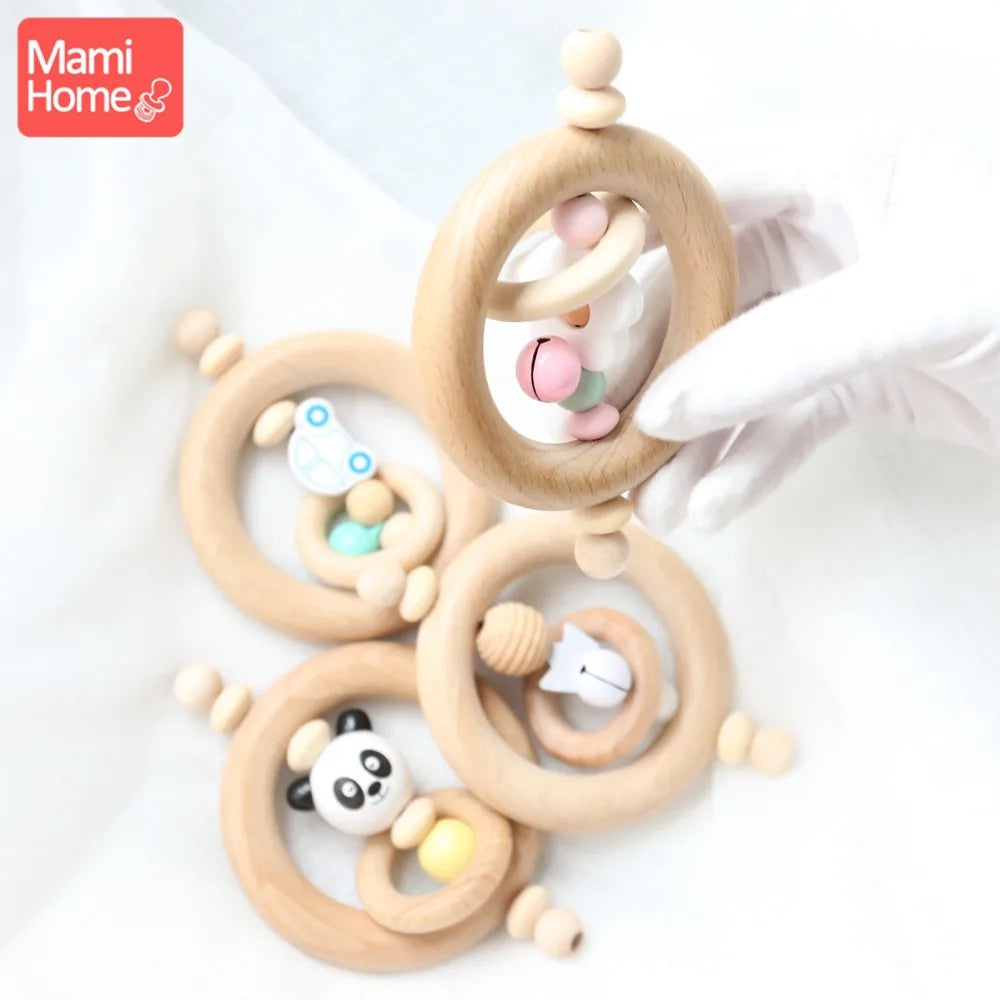 mamihome 5pc Newborn Gifts Baby Rattle Wood Ring Chew Toys Wooden Teether Toys Car Panda Beads Christmas Gift Baby Teething
