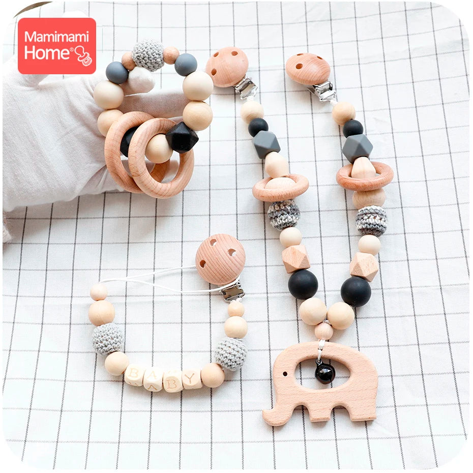 Baby Wooden Teether 1set Pram Clip Beech Rodent Gym Play Personalized Name Pacifier Chain Chewable Bracelet Children'S Goods Toy