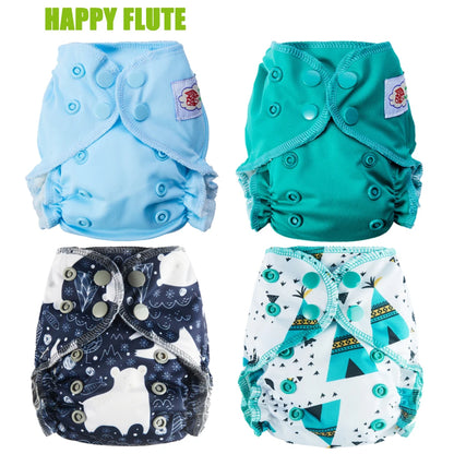 Happy Flute AIO Newborn Reusable Baby Cotton Cloth Diapers All in One NB / M Ecological Nappies Double Gussets  Fit 3-5KG Baby