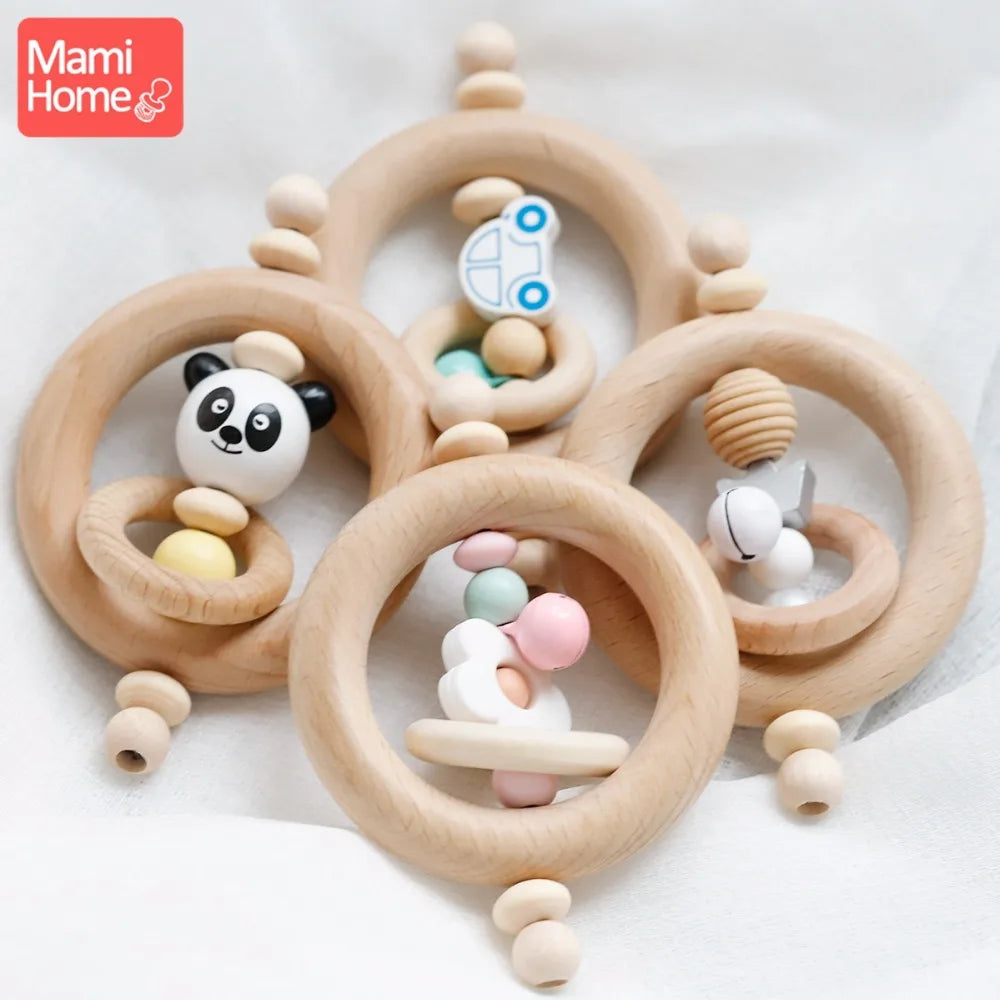 mamihome 5pc Newborn Gifts Baby Rattle Wood Ring Chew Toys Wooden Teether Toys Car Panda Beads Christmas Gift Baby Teething