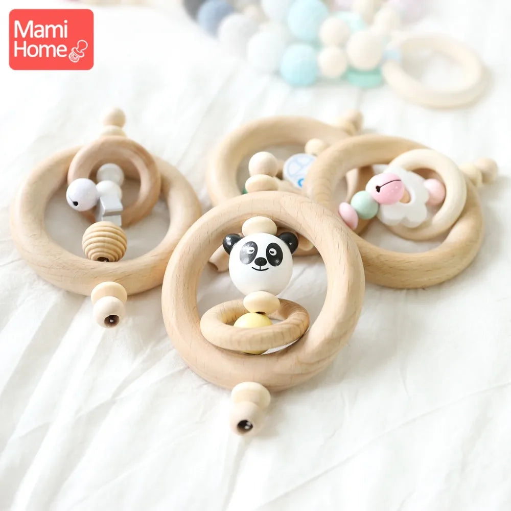 mamihome 5pc Newborn Gifts Baby Rattle Wood Ring Chew Toys Wooden Teether Toys Car Panda Beads Christmas Gift Baby Teething